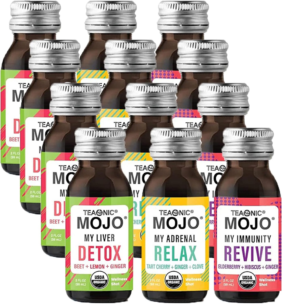 TEAONIC Wellness Shots - Variety Pack: Relax, Revive, Detox Shots, USDA-Certified Organic Wellness Shots, 12 Pack, 2 Fl. Oz Each