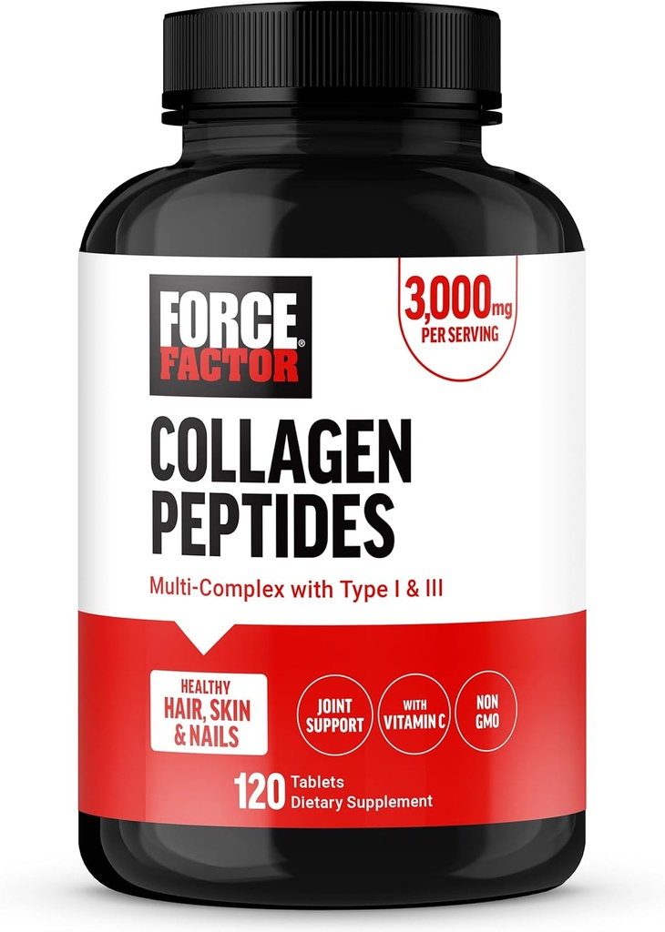 FORCE FACTOR Collagen Peptides, Collagen for Women and Men Made with Hydrolyzed Bovine Collagen Type 1 & 3 for Healthy Hair, Skin, Nails, & Joints, Premium Quality, Non-GMO, 120 Collagen Pills