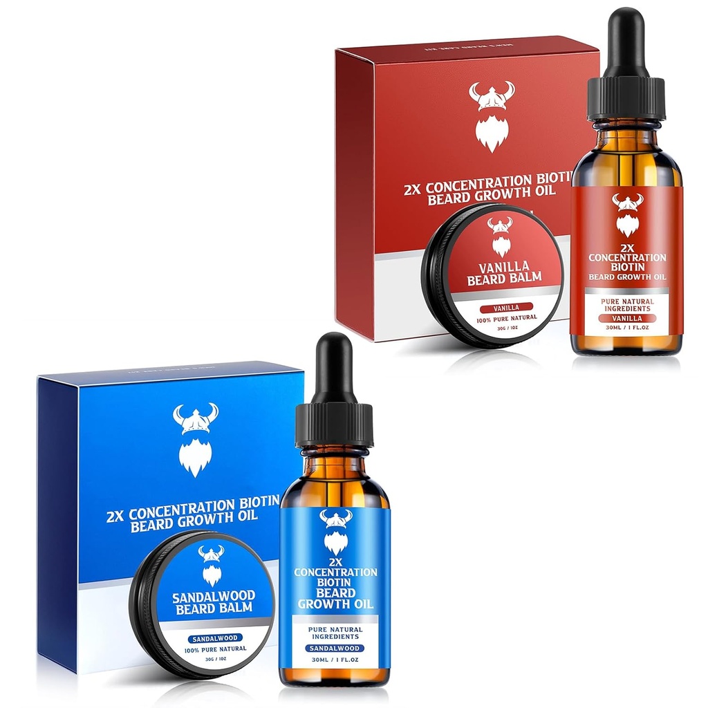 Sandalwood Beard Growth Oil with 2X Concentration Biotin for Men and Vanilla Beard Growth Oil with 2X Concentration Biotin for Men，Natural Ingredients & Thickens Facial Hair Growth