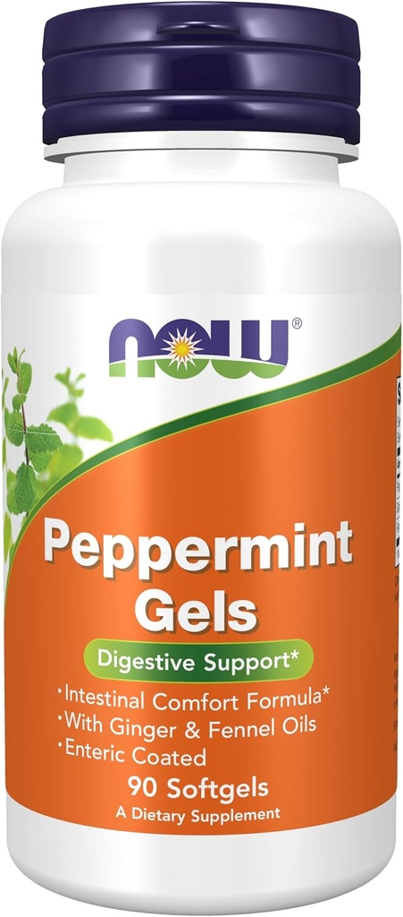 NOW Foods Supplements, Peppermint Gels with Ginger & Fennel Oils, Enteric Coated, Digestive Support*, 90 Softgels