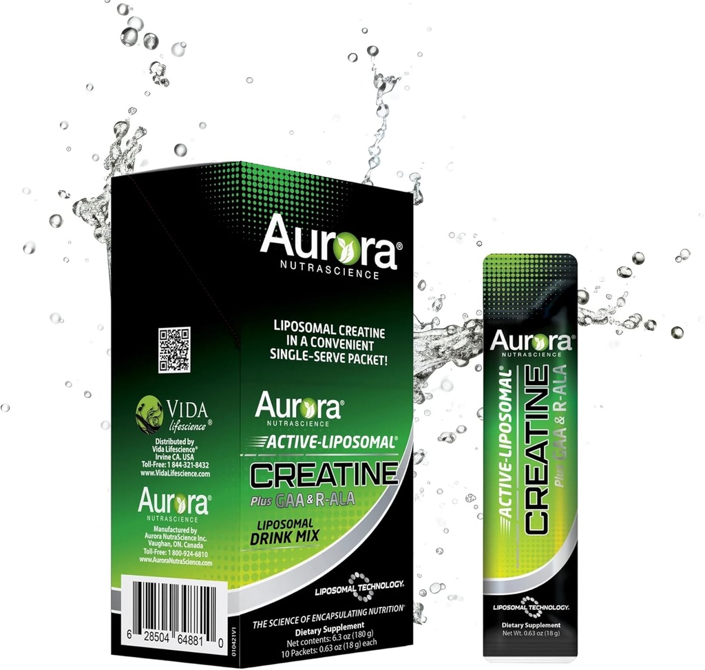 Aurora Nutrascience Liposomal Creatine + GAA & R-ALA Lemon Lime Powder Drink Mix, Increased Energy, Supports Exercise Performance & Muscle Growth for Wowen and Men, 10 Packets