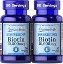 Puritan's Pride Premium Ultra Mega Biotin 10,000mcg, Dietary Supplement for Healthy Hair, Skin, Nails, and Energy Metabolism Support, 100 Day Supply, 50 Rapid Release Softgels, 2 Pack