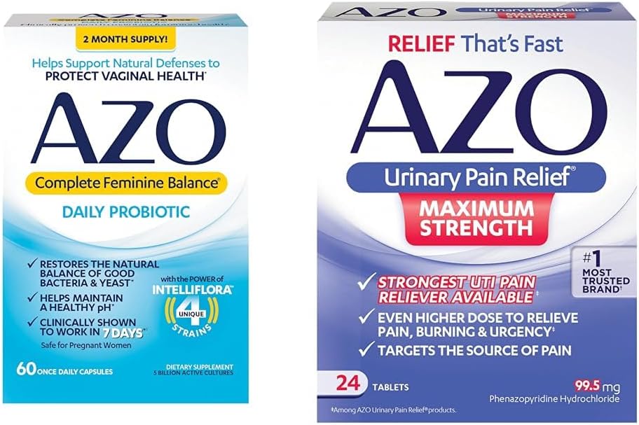 AZO Complete Feminine Balance Daily Probiotics for Women, Clinically Proven to Help Protect Vaginal Health & Urinary Pain Relief Maximum Strength | Fast Relief of UTI Pain, Burning & Urgency