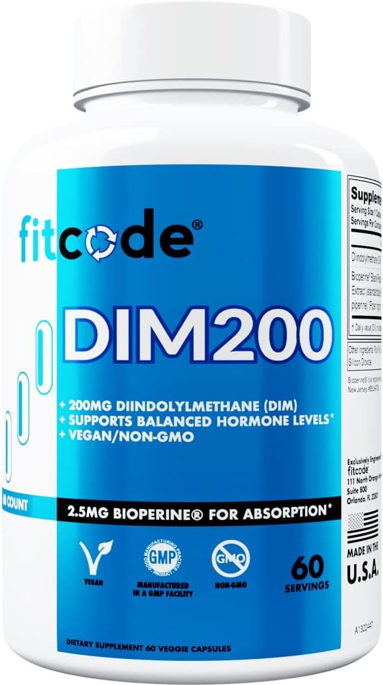Fitcode Diindolylmethane DIM Supplement for Men - Advanced Dim 200mg with Dim plus Bioperine for Enhanced Absorption - Vegan Non-GMO Hormone Balance Supplement for Enhanced Energy Mood and Performance