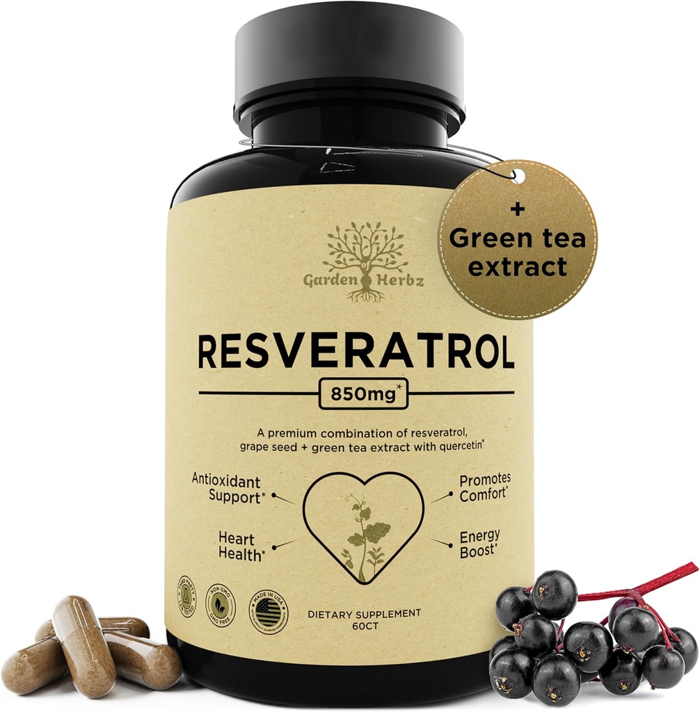 Resveratrol Supplement with Quercetin & Grape Seed – 850mg Herbal Blend, High Potency Polyphenols & Antioxidants for General Wellness, 60 Vegan Capsules