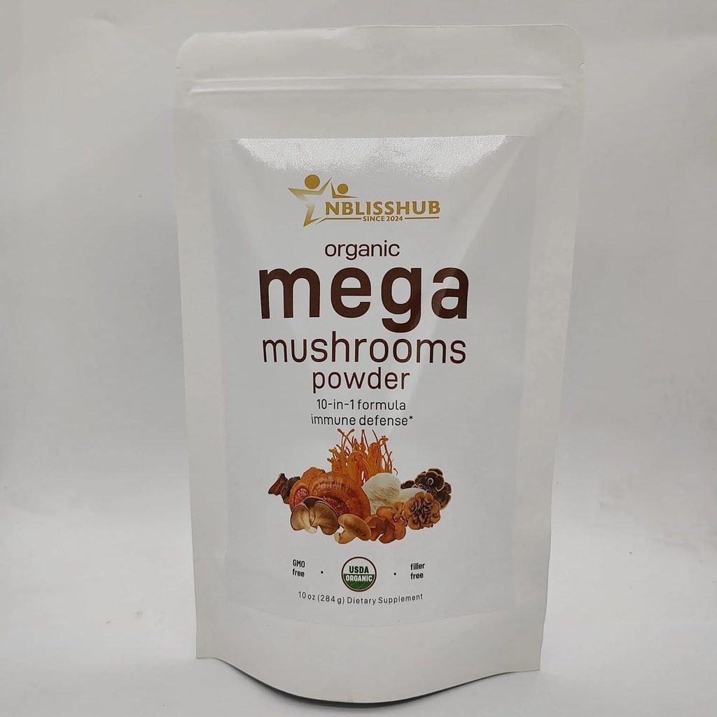 Organic Mega Mushroom Powder 10 in 1 Complex – Immune System Booster | Chaga, Lion’s Mane, Reishi, Cordyceps & More – 10 oz (284-Day Supply) | Filler-Free, Vegan, Non-GMO Superfood for Smoothies & Tea