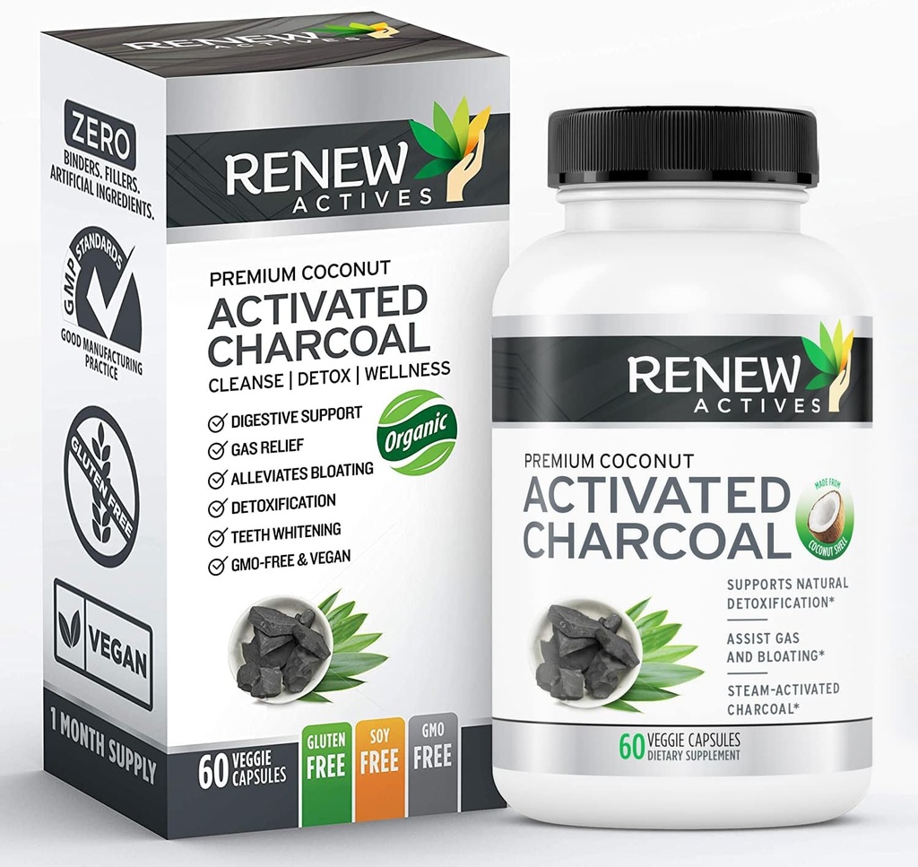 Renew Actives Activated Charcoal Supplement 1100MG per 2 Capsules - Digestive Support & Teeth Whitening Formula, No Artificial Ingredients - Made in Canada - 60 Capsules