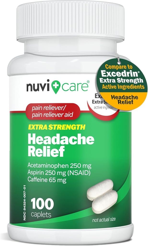 Headache Relief with Acetaminophen 250 mg, Aspirin (NSAID) 250 mg, Caffeine 65 mg - Temporary Relief of Minor Aches & Pains - Compare to Excedren Extra Strength Pain Reliever (100 Caplets)