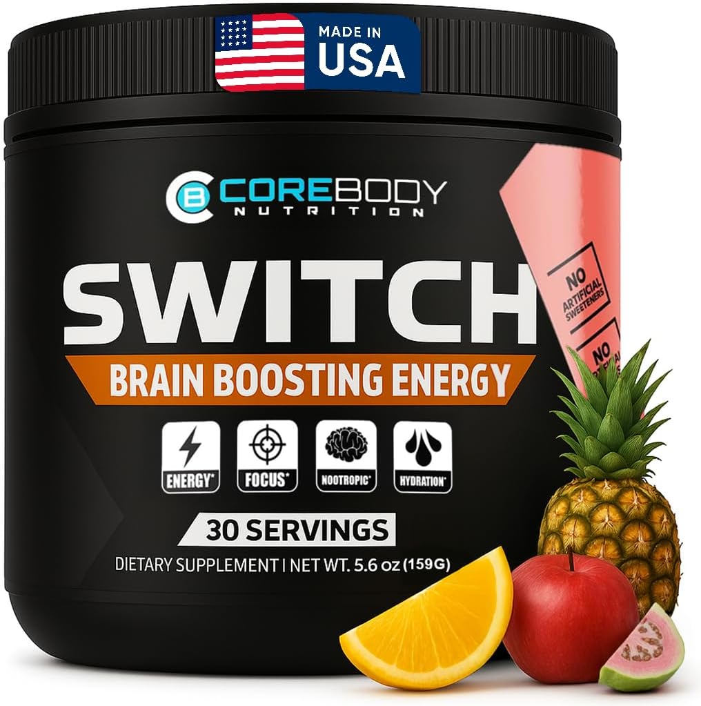 CoreBody Switch Energy Drink Mix -Nootropics Brain Support Supplement for Memory & Focus, Sugar Free Energy Booster with Nootropics, Alpha GPC, All Day Focus* (Tropical Punch)