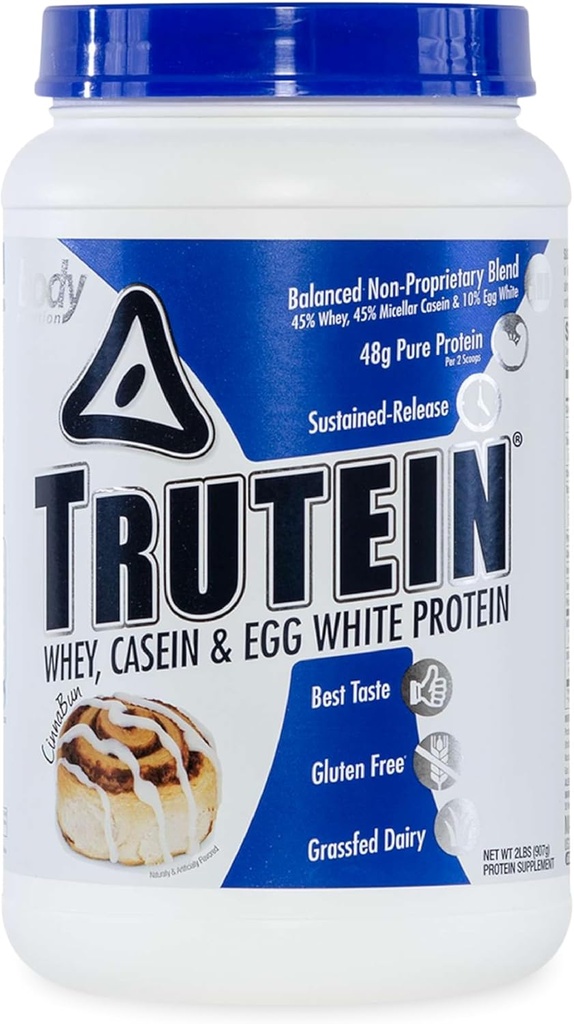 Body Nutrition Trutein High Protein Powder: 45% Whey, 45% Casein, 10% Egg White Protein Shake Mix, Gluten-Free, Low Sodium, Low Carb Protein Supplement Powder for Men & Women, Cinnabun, 2lb