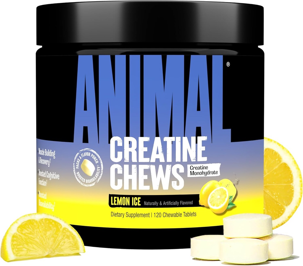 Animal Creatine Chews Tablets - Enhanced Creatine Monohydrate with AstraGin to Improve Absorption, Sea Salt for Added Pumps, Delicious and Convenient Chewable Tablets - Lemon Ice