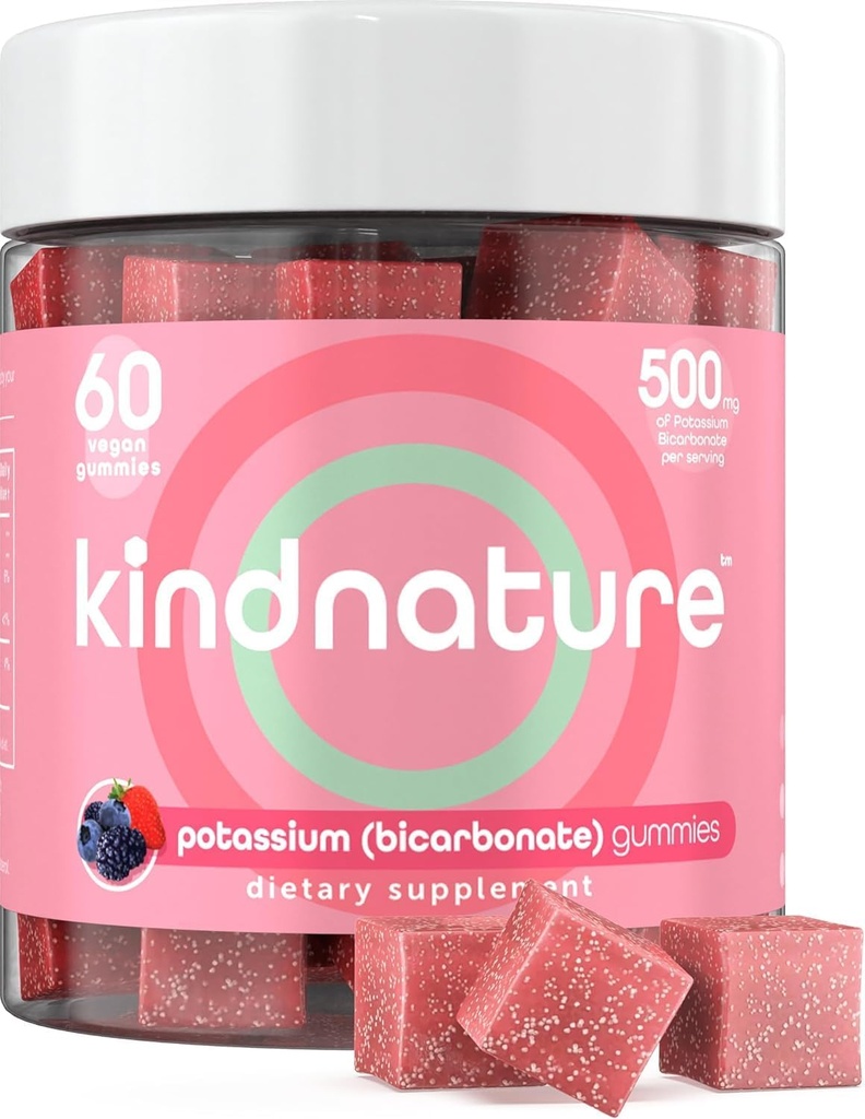 KINDNATURE High Potassium Supplement Gummies 500mg - Chewable for Adults & Kids - Pure Potassium Bicarbonate Mineral Supplement - Vegan, Gluten Free, Non GMO - 60 Gummies (30 Day Supply)