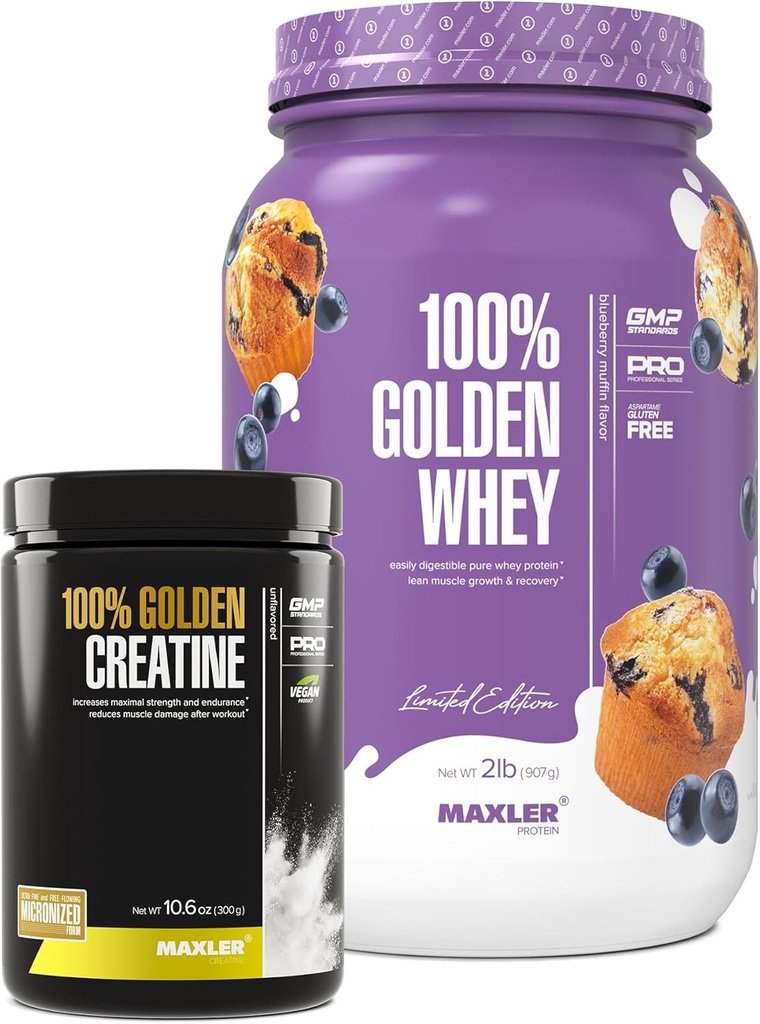 Maxler 100% Golden Whey (Blueberry Muffin 2 lb) & 100% Golden Creatine (Unflavored 10.6 oz)