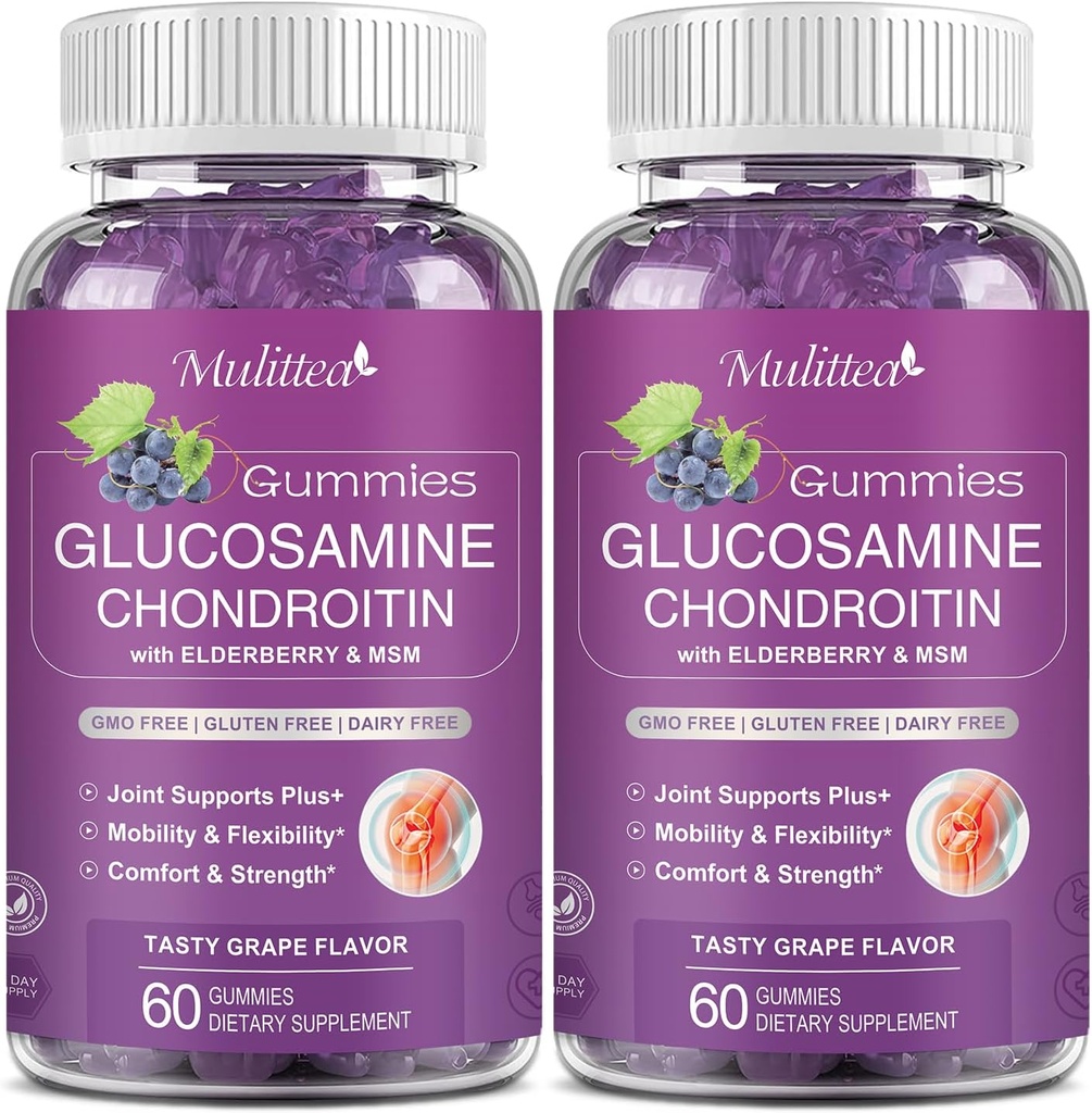 Mulittea Glucosamine Chondroitin Gummies - Extra Strength Joint Support Supplement with MSM & Elderberry for Natural Joint, Antioxidant Immune Support for Adults, Men & Women-Sugar-Free (2 Pack)