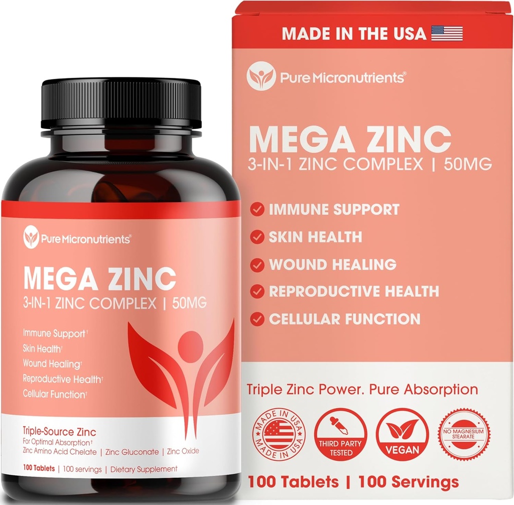 Mega Zinc Supplement, 50mg, 3-in-1 Zinc Complex, 100 Tablets - Pure Micronutrients