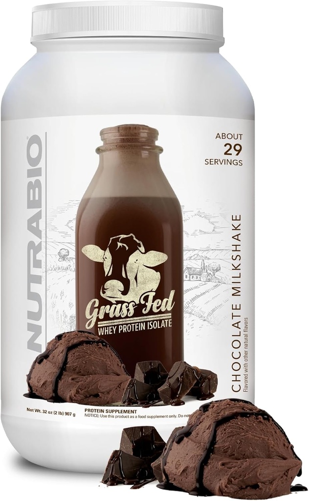 NutraBio Grass Fed Whey Isolate Protein Powder - 25G of Protein Per Scoop - Sugar Free Natural Lean Muscle Protein Supplement - Chocolate Mikshake - 2 Pounds, 29 Servings.
