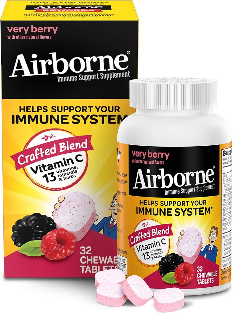 Airborne Vitamin C 1000mg (per Serving) Very Berry Chewable Tablets (32 Count in a Box), Gluten-Free Immune Support Supplement, with Vitamins A C E, ZINC, Selenium, Echinacea & Ginger, Antioxidants