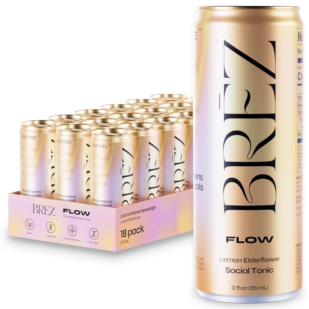 BREZ FLOW Lion’s Mane Mushroom Drink, 18-Pack, Non-Infused, Adaptogens, Relieving, Uplifting, and Social, Sparkling Lemon Elderflower Tonic 12 Fl oz