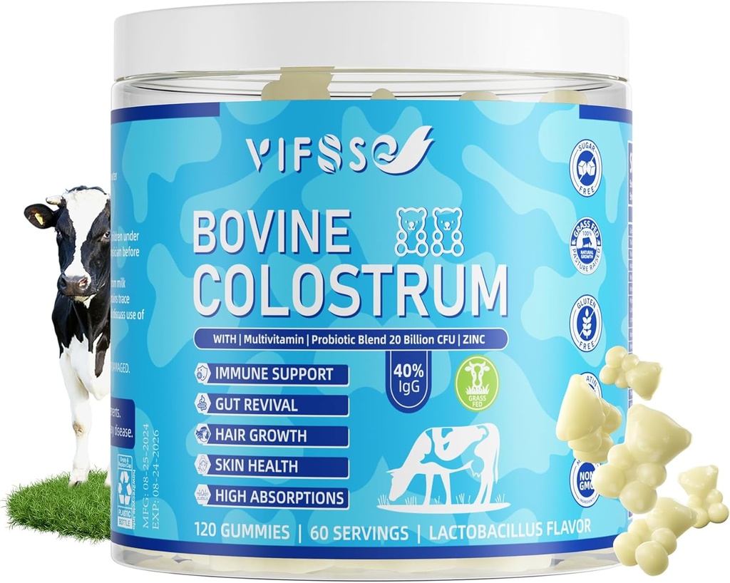 Grass Fed Colostrum Supplement 2000mg, 120 Gummies Sugar Free 40% IgG Bovine Colostrum Gummies + Probiotic, Multivitamin Etc for Immune Support, Gut Support, Hair & Skin