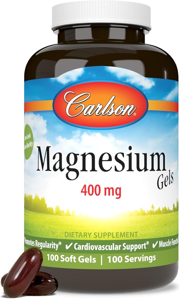 Carlson - Magnesium Gels, 400 mg of Magnesium per Softgel, Heart &amp; Muscle Support, Magnesium Gel Caps, Bowel Function, Magnesium Supplement, 100 Softgels