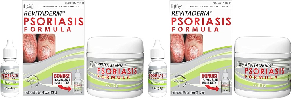 Dr. Blaine’s REVITADERM Psoriasis Formula - Topical Cream with Coal Tar, Tea Tree Oil and Lavender Oil for Itching, Flaking, Dry, Cracked Skin Relief - 4 fl. oz. - Includes Travel Size Bottle (2-Pack)