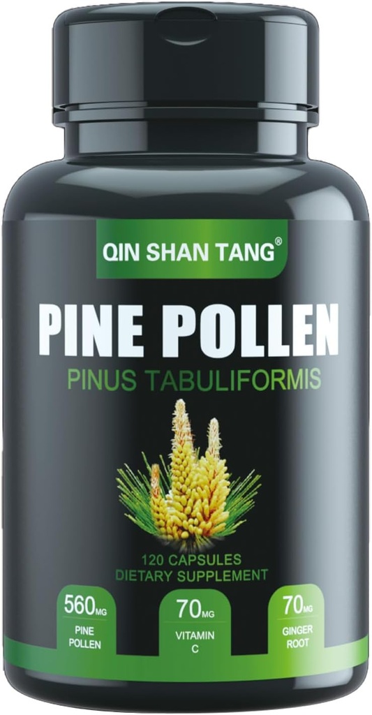 Pine Pollen Supplement wtih Ginger Root and Vitamin C, 99% Cracked Cell Wall,120 Veggie Capsules，Focus＆Immune Improve for Women and Men