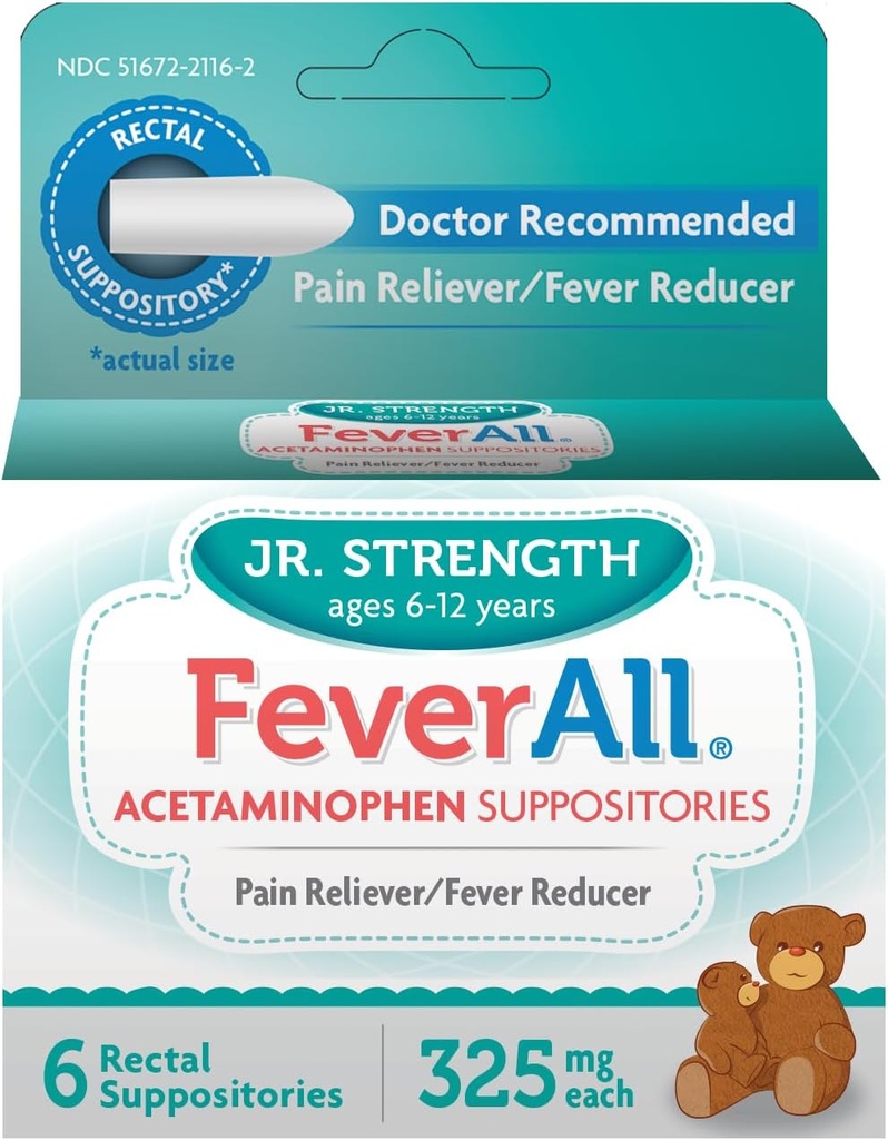 Feverall Children Acetaminophen Suppositories 6 Rectal Suppositories 325mg Each Pain Reliever/Fever Reducer. Paraben Free, No Artificial Colors or Other preservatives. Ages 6-12 Years