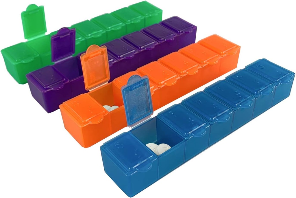 USA Merchant - 7 Day Pill Box Small with Snap Close Lids - Weekly Pill Organizer 4 Times a Day or 28 Day Dispenser - Comes with 4 Separate 7 Day Pill Containers for Vitamins, Supplements, and Medicine