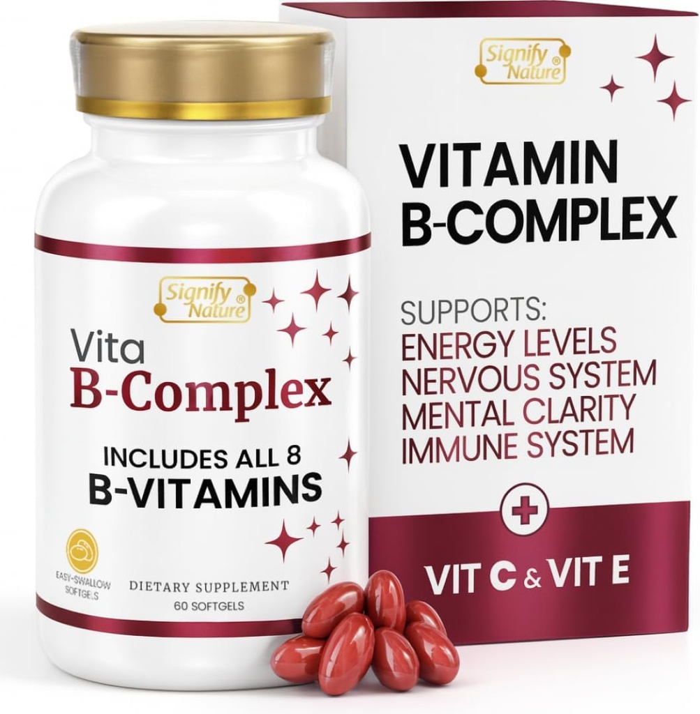 SIGNIFY NATURE VitaBComplex with Vitamin C and E, B Complex Vitamins for Women & Men, BComplex Supplements, VIT B1, B2, B3, B5, B6, B8, B9, B12, Super B Softgels - 60 CT