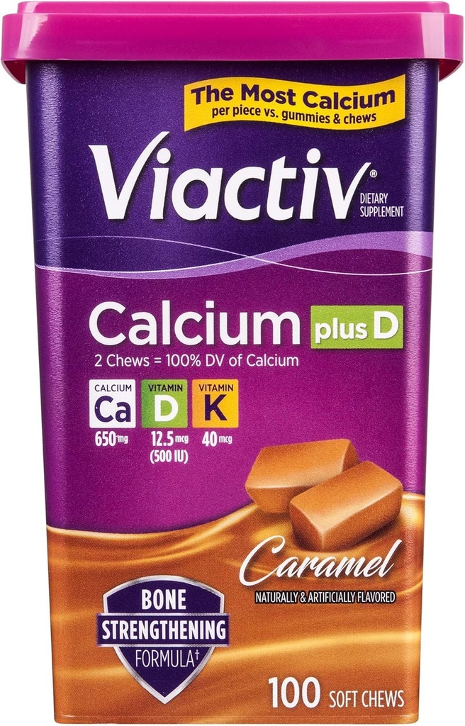 Viactiv Calcium Plus Vitamin D Supplement Soft Chews, Caramel, 100 Count