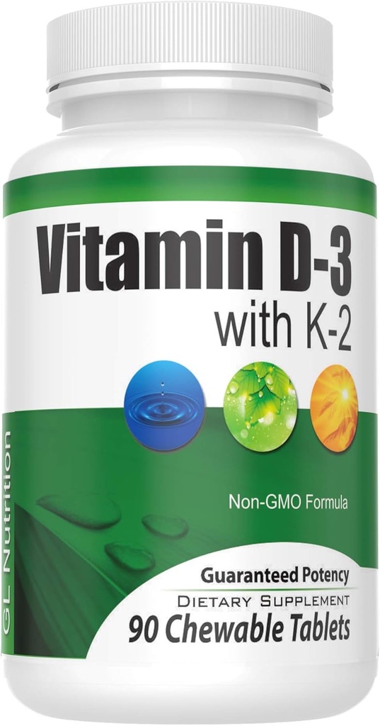 Chewable Vitamin D3 (2,000 IU) + K2 (MK7 75mcg) | 90 Count Easy Chewable Tablets for Highest Absorption | Benefits Heart, Bones, Skin, Dental Health, Regulates Immune Function | GL Nutrition