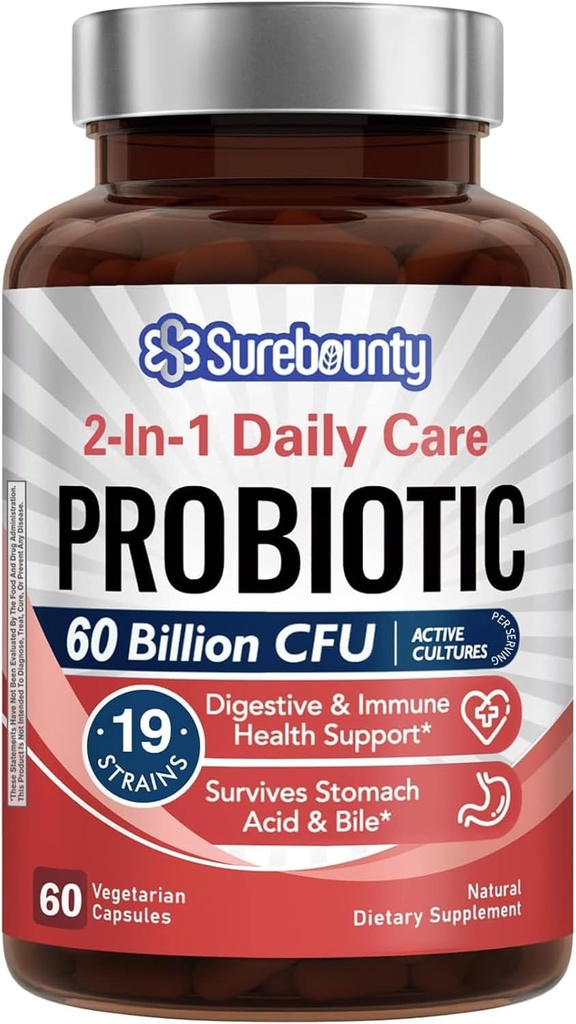 Probiotics 60 Billion CFU 19 Strains for Men & Women, with 100mg Prebiotic, Shelf Stable, 2-in-1 Daily Care Probiotic, Non-GMO, Digestive & Immune Health, 60 Veggie Capsules