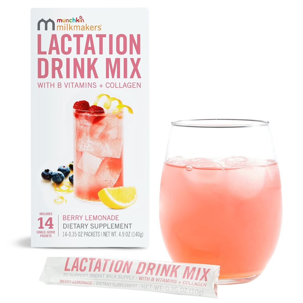 Munchkin® Milkmakers® Lactation Drink Mix Supplement with B Vitamins/Collagen/Fenugreek & Milk Thistle for Breastfeeding Moms, Berry Lemonade, 14 Count