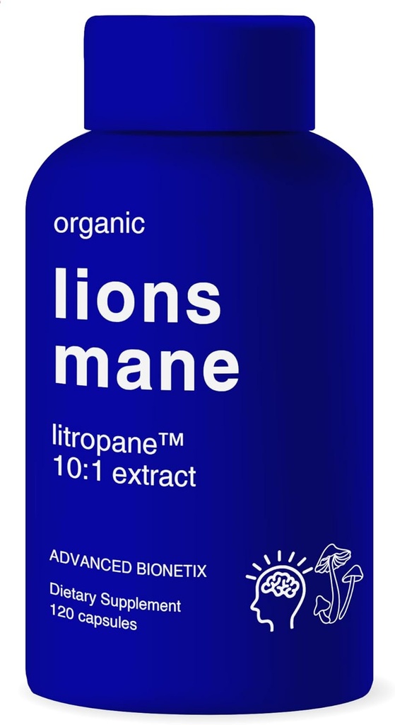 Organic Lions Mane Supplement 120 Capsules. Brain Support Nootropic Immune System Support Mushroom Supplement. 10X Extract Similar to 18,000mg, Contains Patent Pending Litropane™