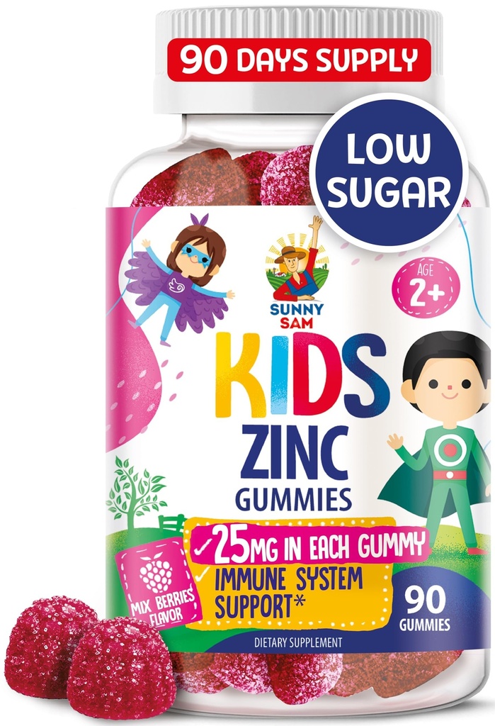 Zinc Gummies for Kids - Chewable Zinc Gummy Supplement for Children Immune Support - Low Sugar Natural Antioxidant Non-GMO Vitamin Chewables for Toddlers & Teens - 90 Gummies
