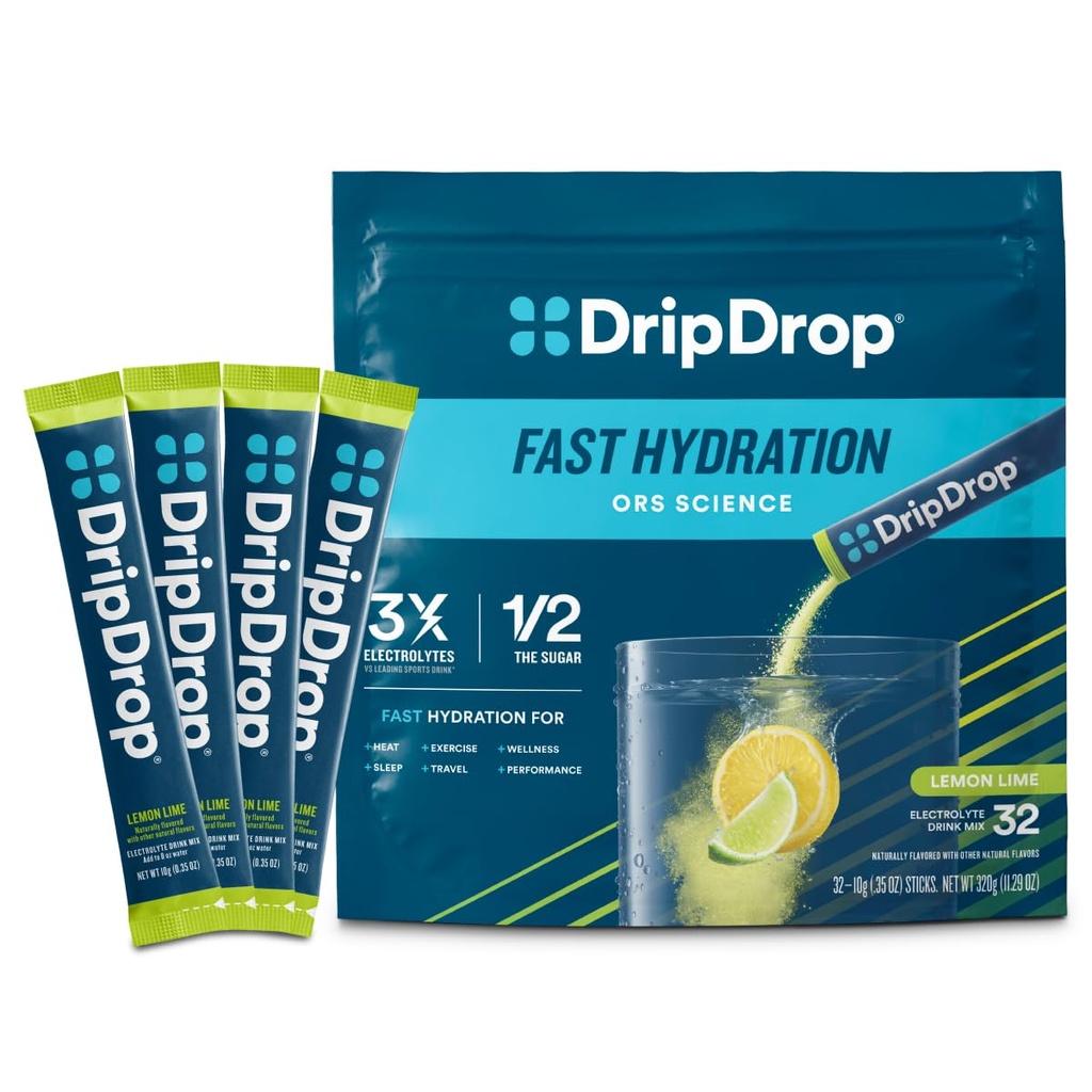 DripDrop Hydration Packets - Lemon Lime - Single Serve Electrolytes Powder Drink Mix - Non-GMO, Gluten Free, Vegan - 32 Sticks