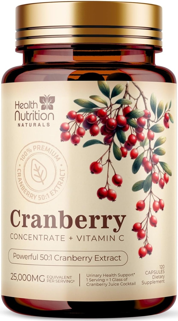 Cranberry Pills Supplement 25,000mg - Fresh Cranberry Equivalent Powder Extract with Vitamins C & E - Urinary Tract Health Support, Cran Berry Fruit, Sugar Free Formula, Bottled in USA - 120 Capsules