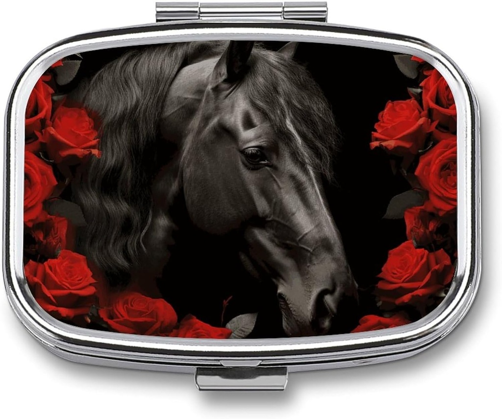 Black Horse on A Background of Red Roses Pill Box 2 Compartment Portable Pill Case Daily Square Pill Organizer for Pocket Purse Daily Medicine Container to Hold Vitamins Fish Oil Travel Gifts