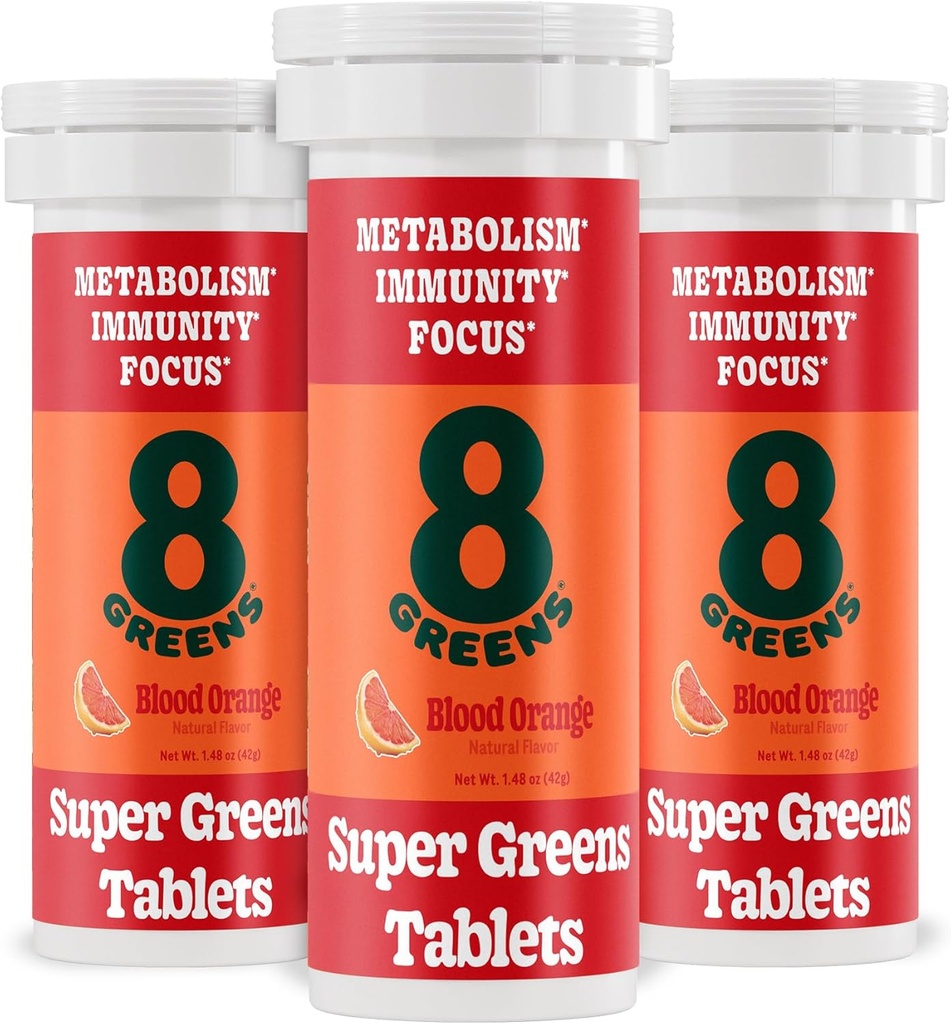 8Greens Supergreens Tablets | Super Greens Powder Superfood Tablet, Metabolism Immunity & Focus, Daily Greens Effervescent Tablets, Organic: Aloe Vera, Spirulina, Chlorella, Blood Orange, 30 Servings