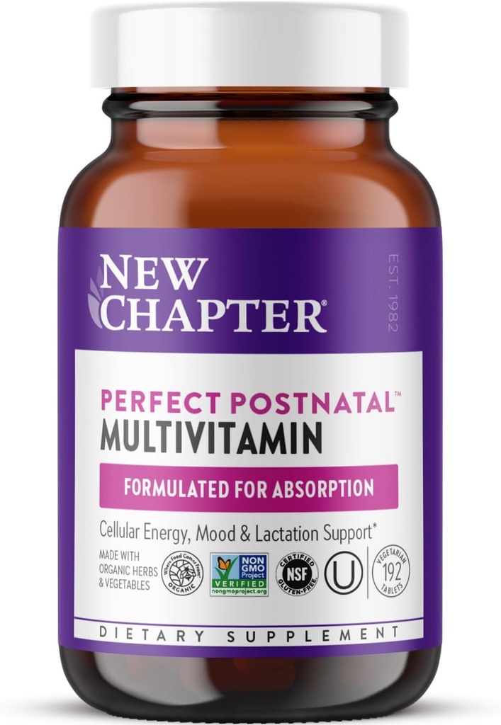 New Chapter, Postnatal Vitamins Lactation Supplement, Complete Multivitamin with Fermented Vitamin D3 + B Vitamins, Made with Organic Vegetables & Herbs, Non-GMO Ingredients, 192 Count