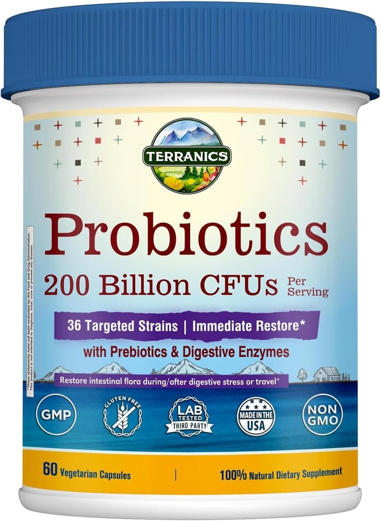 Terranics Daily Probiotics for Men & Women, 200 Billion 36 Strains Immediate Restore Probiotics, with Prebiotics & Enzymes, Healthy Regularity, Delayed Release, Shelf Stable, 60 Veggie Caps
