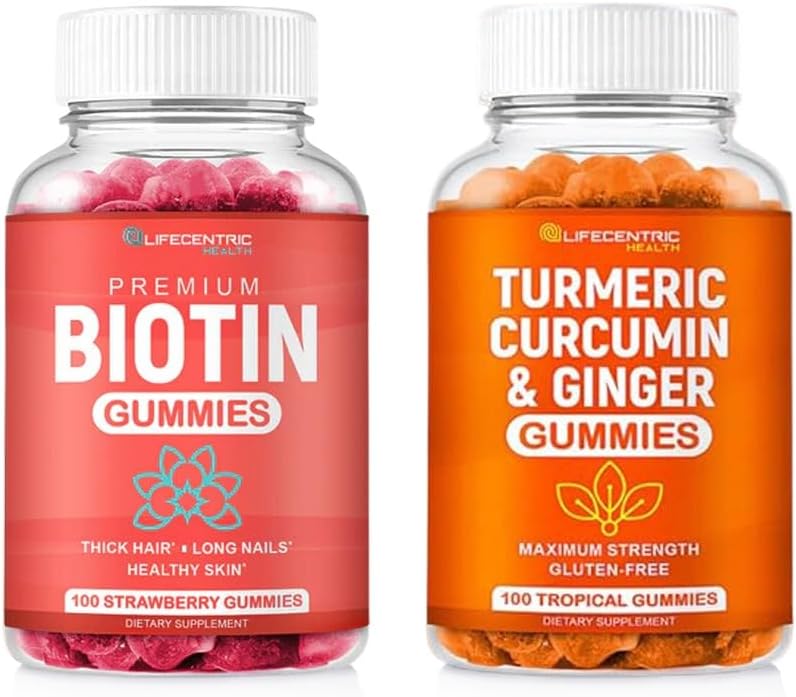 Biotin & Turmeric Vegan Gummies Combo | Max Strength Hair Growth, Skin Health, and Overall Wellness | 10000mcg Biotin & 95% Standardized Turmeric Curcumin | Natural, Non-GMO and Gluten-Free Supplement
