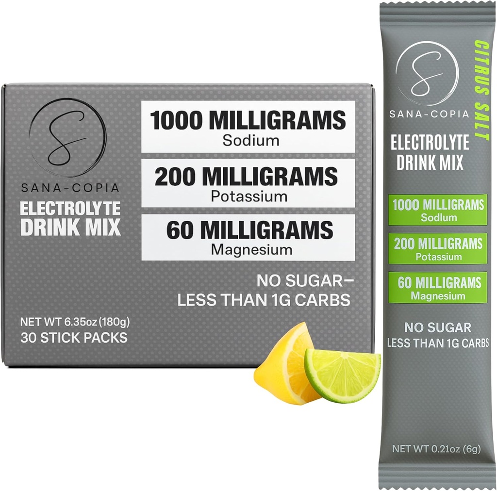 Electrolyte Drink Mix Hydration Packets: 1000mg Sodium, Potassium & Magnesium Citrus Salt Hydrating Powder, Zero Sugar - 30 Lemon Lime Electrolyte Powder Packets, For Rehydration or Dehydration Relief
