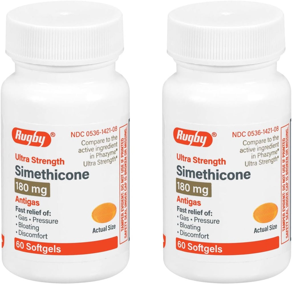 Rugby Ultra Strength Simethicone Gas Relief 180 mg - Maximum Gas Relief for Adults - May Help with Symptoms of Flatulence, Bloating, Gas Fullness - 60 Softgels (2 Pack)