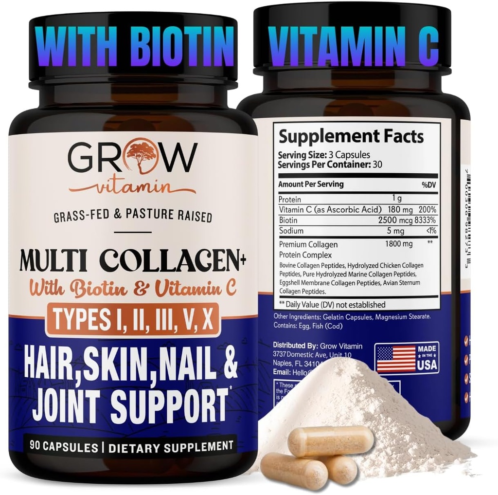 grow vitamin Multi Collagen Capsules - Types I, II, III, V & X | Hydrolyzed Blend with Biotin & Vitamin C for Hair, Skin, Nails 90 Capsules