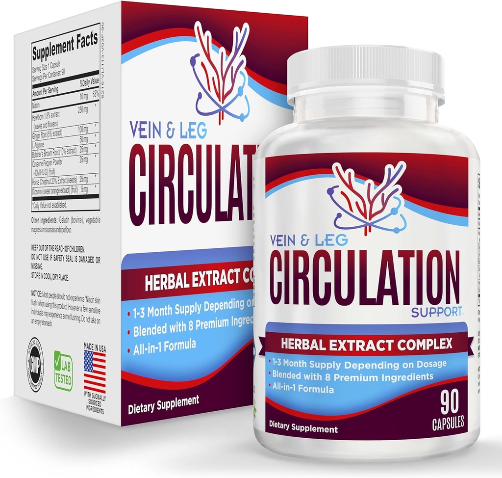 Vein & Leg Circulation Supplement (All-in-1) Health Support with 8 Active Ingredients | Blood Circulation Booster Formula | Leg & Vein Supplements | 1-Month Supply | 90 Capsules