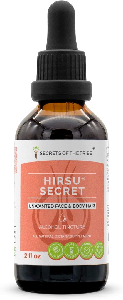 Secrets of the Tribe - Hirsu Secret, Herbal Supplement Blend Drops Alcohol Liquid Extract, Unwanted Face and Body Hair (2 fl oz)