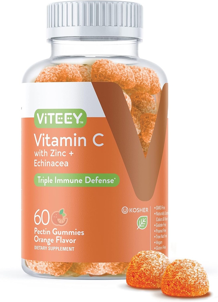 Viteey Vitamin C Gummies for Adults & Teens with Zinc & Echinacea - Immune Support Gummies - Vegan, Gelatin Free, Gluten Free, GMO Free - Tasty Vitamin C Chewable Orange Flavored Gummy