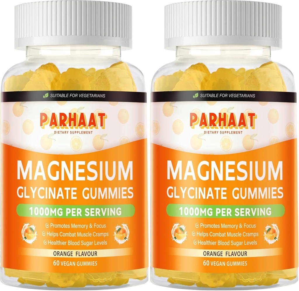 Magnesium Glycinate Gummies 1000mg - Sugar Free Magnesium Potassium Supplement with Vitamin D, B6, CoQ10 for Calm Mood & Sleep Support - 120 Orange Gummies 2 Pac