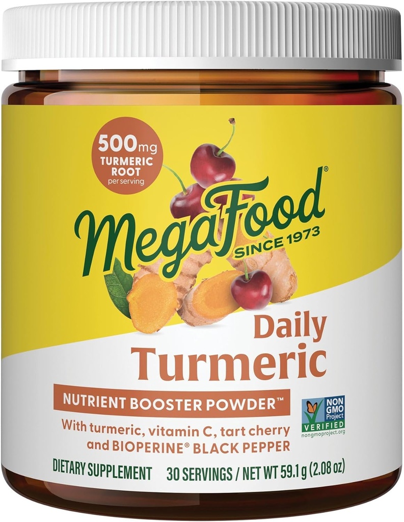 MegaFood Daily Turmeric Nutrient Booster Powder - Turmeric Supplement -with Black Pepper Extract, Tart Cherry & Vitamin C - Vegan - Made Without 9 Food Allergens - 2.08 Oz (30 Servings)